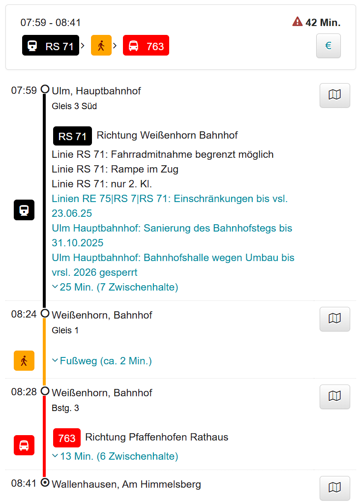 Beispiel Verbindung der öffentlichen Verkehrsmittel